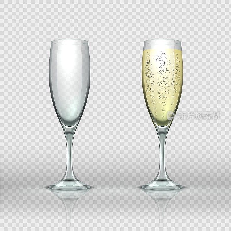 290719 _realistic香槟酒杯。空和满透明香槟酒杯。矢量逼真3D插图